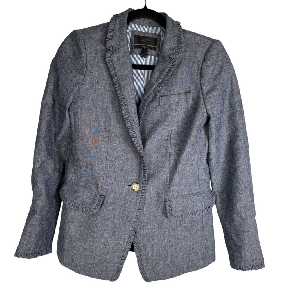 J. Crew Women's Regent Chambray Ruffle Blazer G1960 Womens 0 One Button Striped